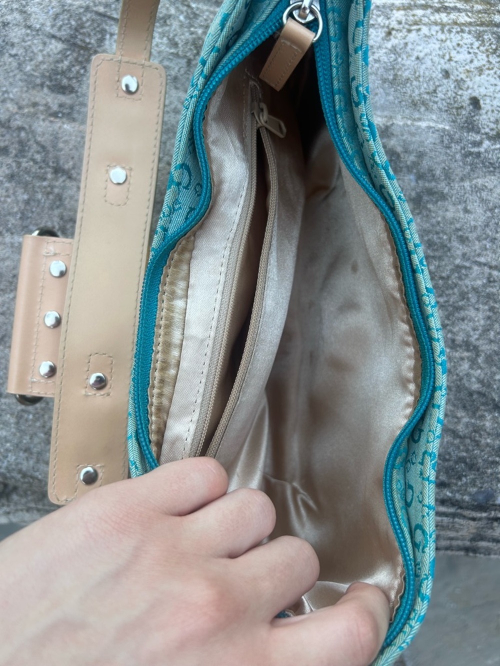 Guess Blue Logo Monogram Shoulder Bag with Tan Trim - Picture 5 of 5